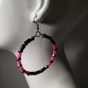 Pink and Black Beaded Hoop Earrings